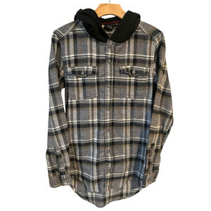 Burnside Shirt Jacket Mens Size Small Plaid Black Gray Hooded Flannel Shacket